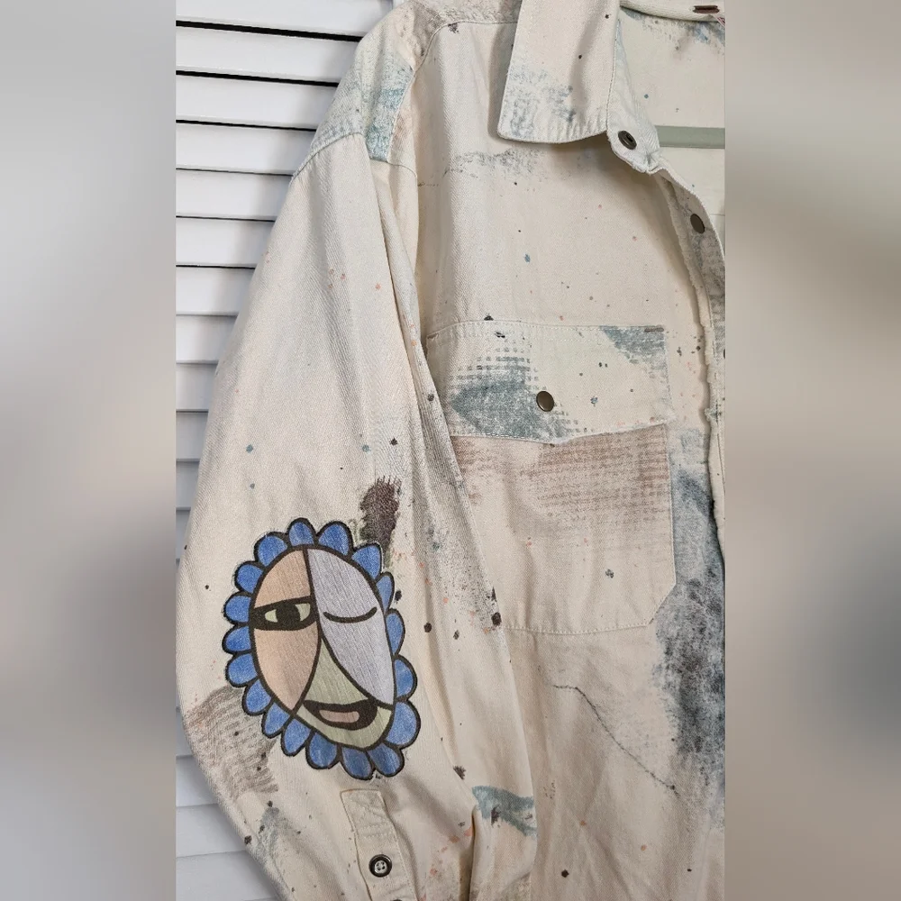 Free People Sunshine Fields Buttondown Top Splatter Denim Jacket Size S